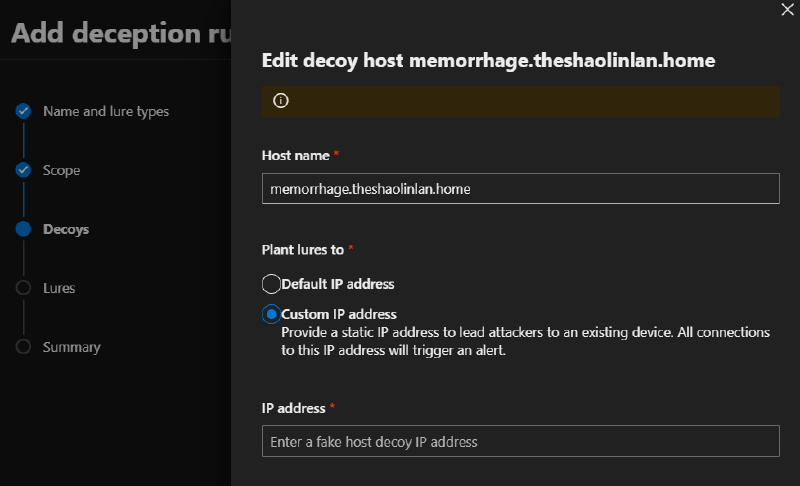 XDR Deception Host decoy with custom IP